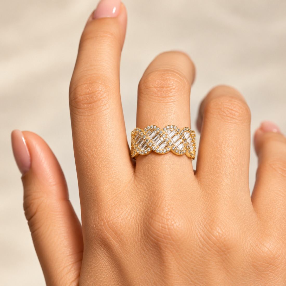 Golden Crystal Wave Band Ring