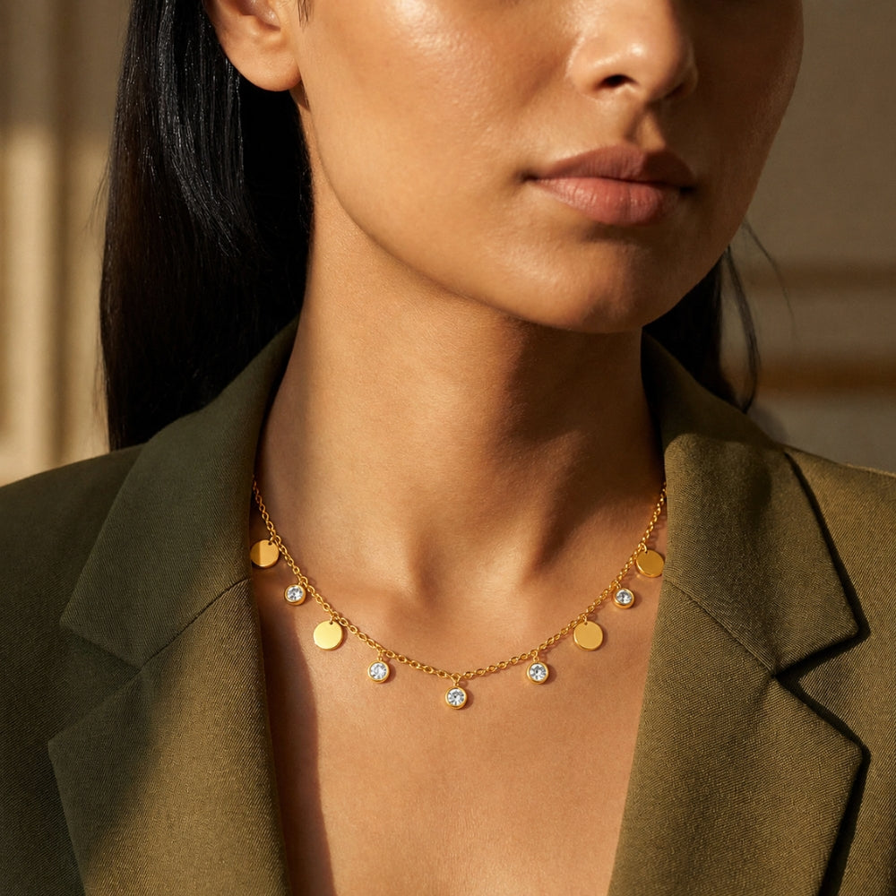18K Gold-Plated Disc & Crystal Necklace